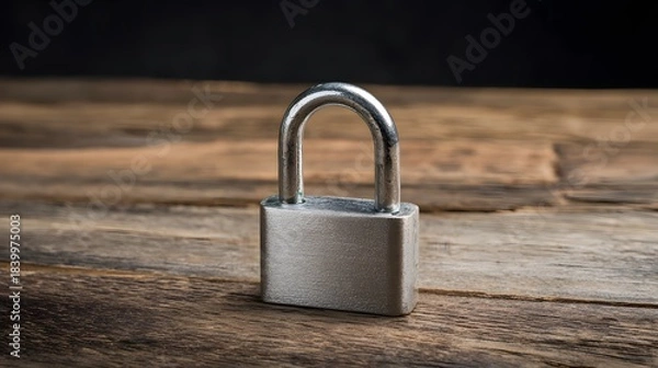 Fototapeta  Metal padlock on wood, representing security and trust in a close-up view.