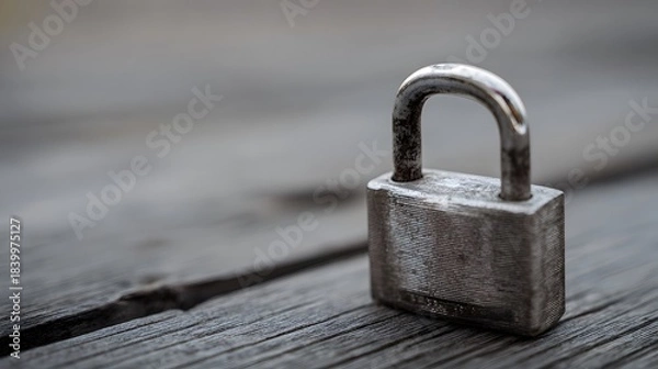 Fototapeta  Metal padlock on wood, representing security and trust in a close-up view.