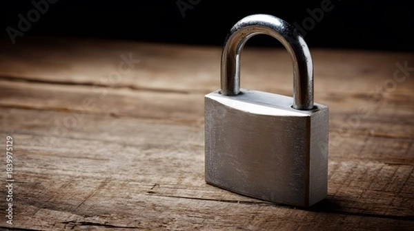 Fototapeta  Metal padlock on wood, representing security and trust in a close-up view.
