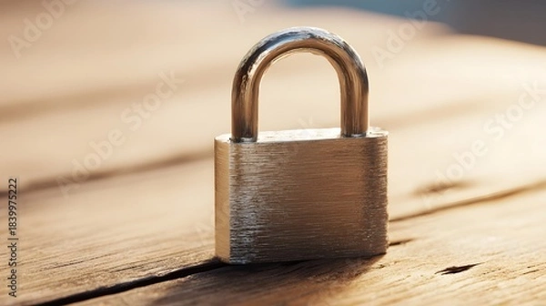 Fototapeta  Metal padlock on wood, representing security and trust in a close-up view.