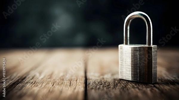 Fototapeta  Metal padlock on wood, representing security and trust in a close-up view.