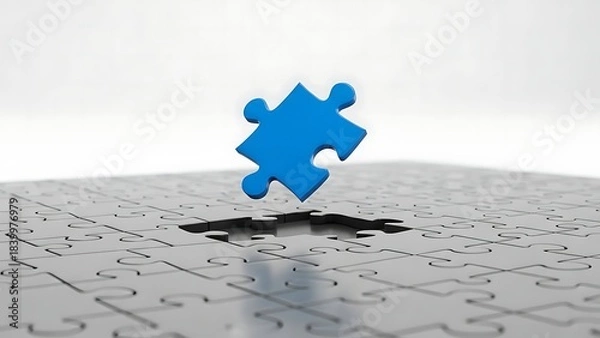 Obraz Red jigsaw puzzle piece missing on a blue background