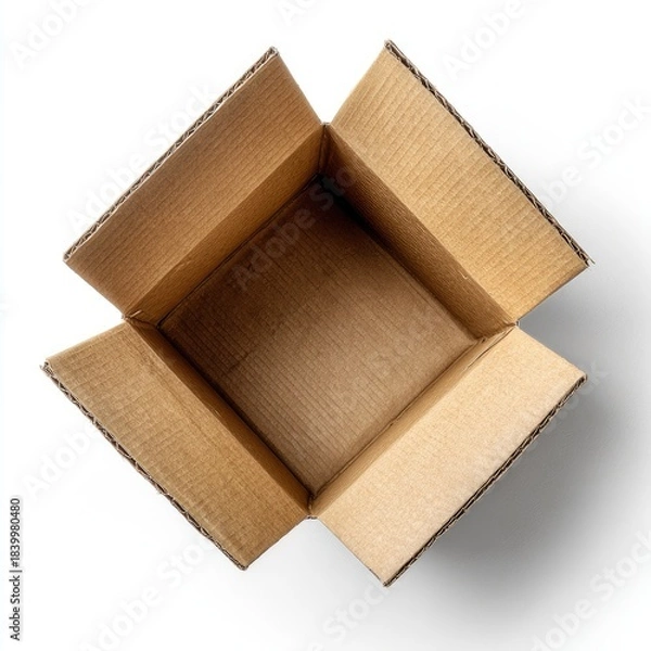 Fototapeta Open, empty, rectangular cardboard container, seen from above against a white background