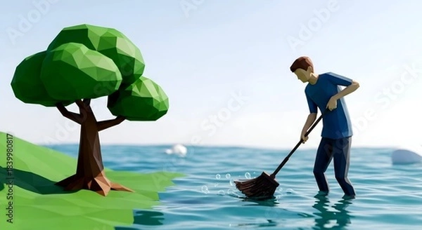 Obraz Low Poly Man Sweeping Water Near Tree on Island with Bubbles