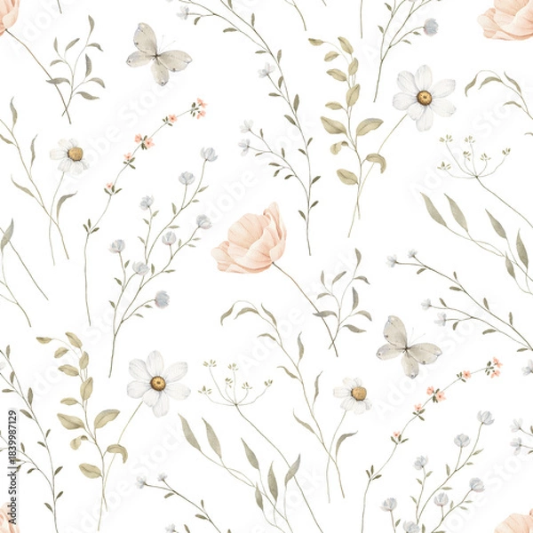 Obraz Delicate watercolor pattern with wildflowers, abstract plants and flying butterflies, isolated seamless illustration for cute wallpapers, textile or background. Hand drawn print.