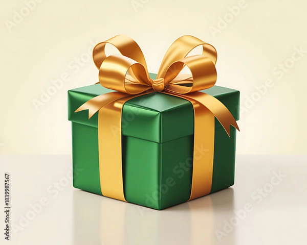Fototapeta Square green gift box with a shiny gold ribbon and bow on a soft yellow background present