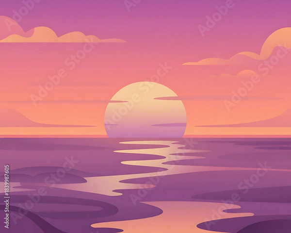 Fototapeta Stylized Sunset Over Calm Water with Clouds and Reflection sunrise ocean
