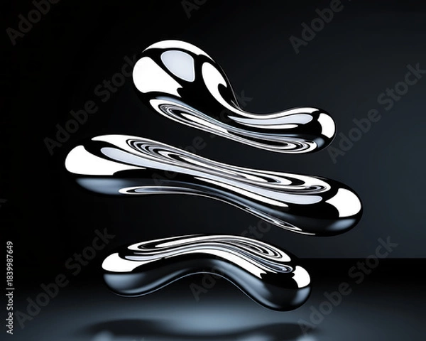 Fototapeta Three abstract metallic liquid blobs floating in a dark studio environment with reflections shapes
