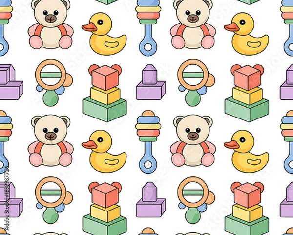 Fototapeta Vibrant Cartoon Baby Toys Pattern Seamless Repeating Playful Childhood Theme image photo