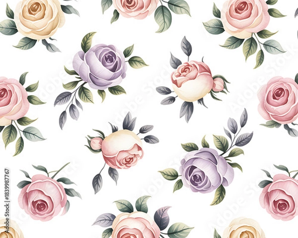 Fototapeta Watercolor seamless pattern of delicate pink, purple, and cream roses with green leaves background texture