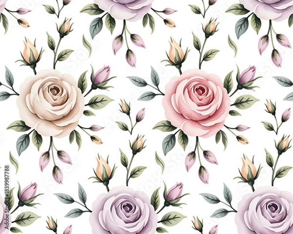 Fototapeta Watercolor seamless pattern with delicate roses and buds in pastel pink cream and lavender hues floral