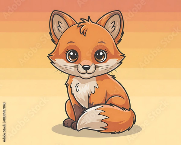 Fototapeta Whimsical cartoon fox with large eyes and a fluffy tail against a gradient orange background cute animal