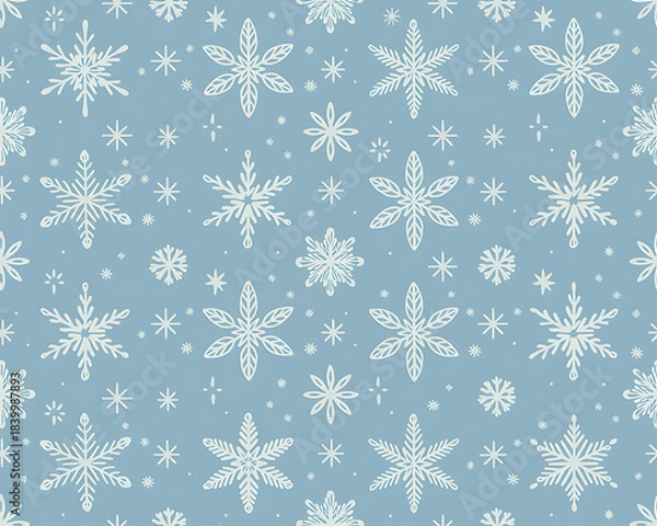 Fototapeta Whimsical Hand- Drawn Snowflake Pattern on Light Blue Background seamless repeating