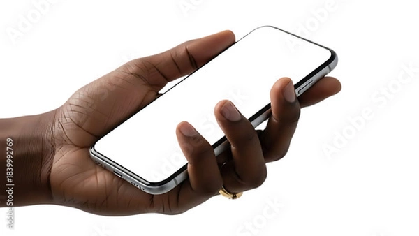 Obraz Hand holding a blank white smartphone mockup with a bright screen isolated on transparent background