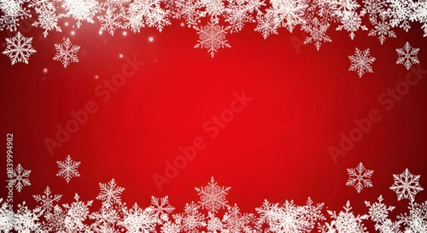 Obraz Vibrant red christmas background with classic white snowflake border creating festive frame for holiday promotional posters and invitations