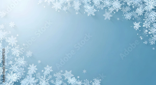 Obraz Soft dusty blue winter background featuring diagonal arrangement of delicate white snowflakes perfect for seasonal advertising and festive banners
