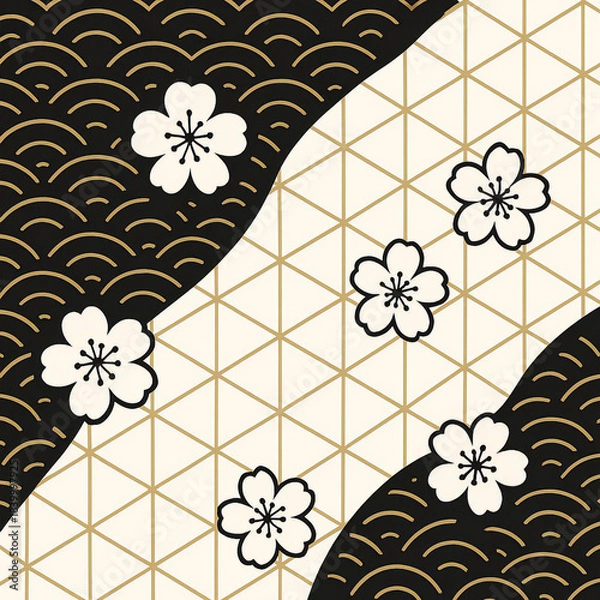 Obraz 青海波と麻の葉模様に桜の花をあしらったブラック色の和柄パターン背景