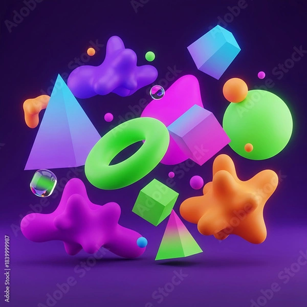 Fototapeta Abstract 3D Shapes Rendering: Neon Geometry & Liquid Forms