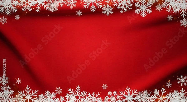 Obraz Red silky fabric christmas background with waving effect and white snowflakes border holiday season backdrop