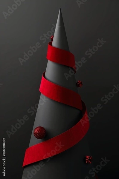 Obraz Cone Christmas Tree with Red Ribbon and Ornaments