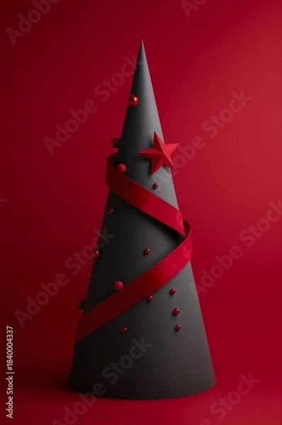 Obraz Modern Christmas tree with red ribbon and star