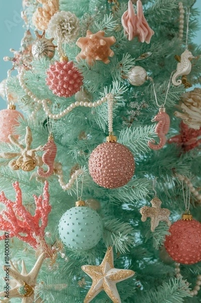 Obraz Seashell Ornaments on Blue Christmas Tree
