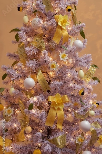 Obraz Decorated holiday tree with daffodil ribbon and ornaments
