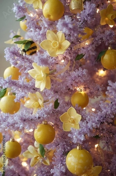 Obraz Lavender Christmas tree with yellow ornaments and flowers