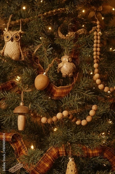 Obraz Christmas tree with rustic ornaments and warm lighting