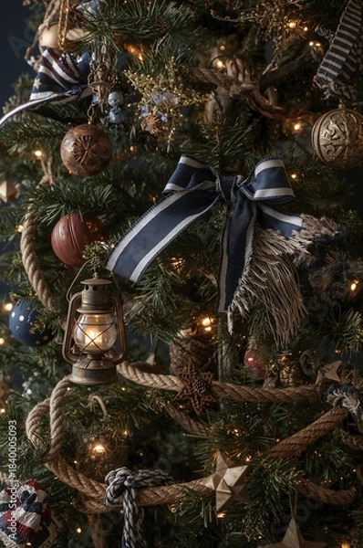 Obraz Decorated Christmas tree with ornaments, rope and lantern