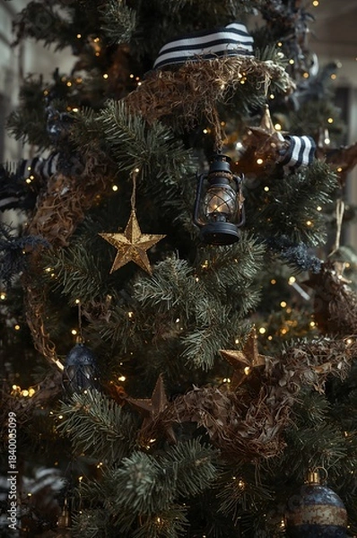 Obraz Decorated Christmas tree with lantern and star ornaments
