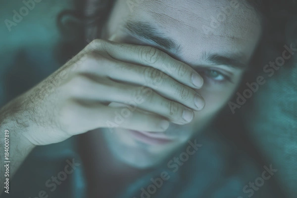 Fototapeta Young man covering face with hand in moody teal portrait expressing fatigue and introspection