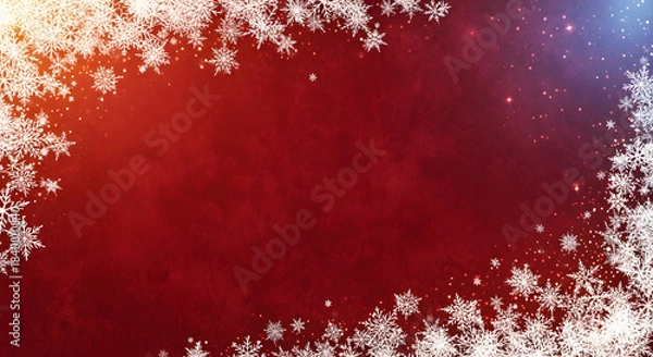 Obraz Rich festive red background with decorative white snow and snowflake particles creating a dramatic winter holiday frame effect