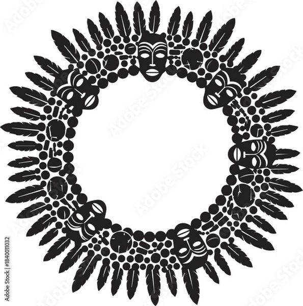 Fototapeta Intricate circular tribal mask and feather headdress design