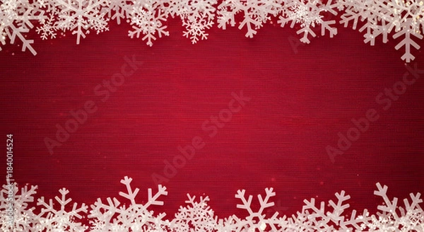 Obraz Simple textured red holiday background template adorned with minimalist white cartoon snowflakes forming clean borders top and bottom