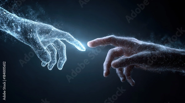 Fototapeta Digital hands reaching out to touch with glowing light between them conveying connection, technology, and innovation against a dark blue background offe hope.
