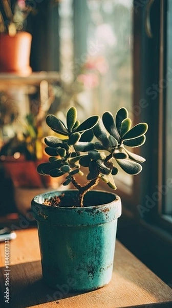 Fototapeta Rustic Succulent In Teal Pot By Window