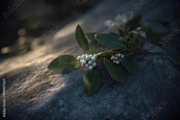 Fototapeta Closeup Of White Berries On Branch On Stone