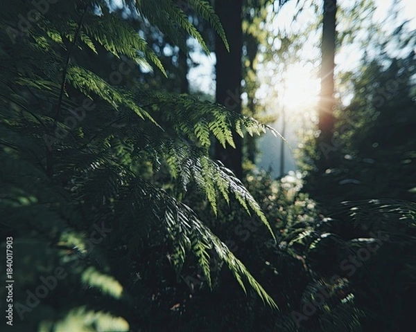 Fototapeta Sunlight Filtering Through Forest Ferns