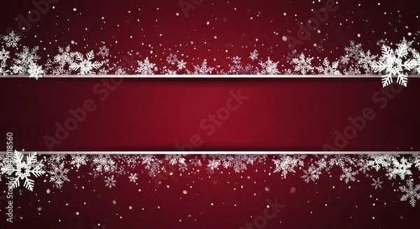 Obraz Red christmas background with falling snow and horizontal silver banner frame for text