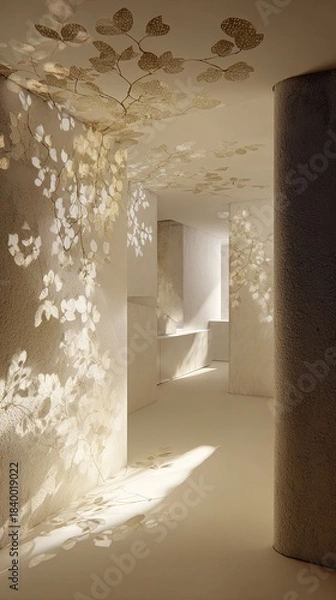 Fototapeta Elegant White Corridor With Light Filtering Through Decorative Branches