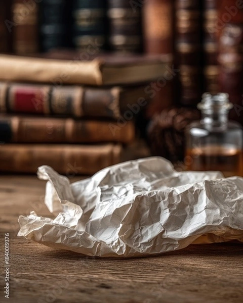 Fototapeta Crumpled Paper On Wooden Table With Vintage Books