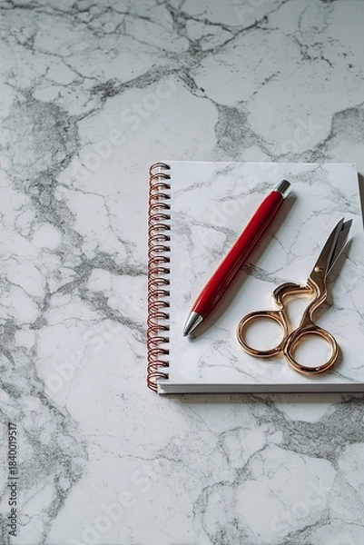 Fototapeta Red Pen And Gold Scissors On White Notebook On Marble Surface