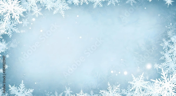 Obraz Beautiful winter background with snowflakes and frozen texture light blue holiday template design