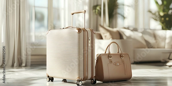 Fototapeta Elegant Travel Suitcase Beside Designer Handbag in Luxury Settin