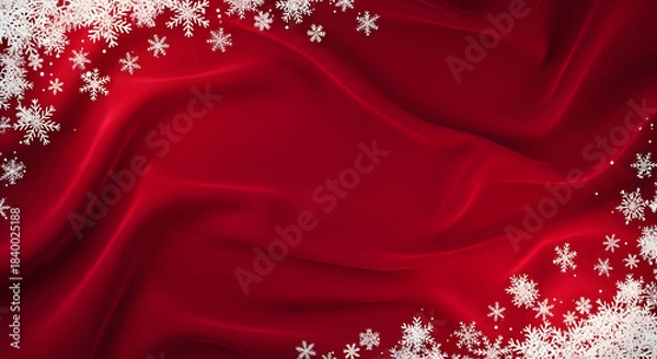 Obraz Christmas red silk fabric background with white snowflakes border elegant winter holiday template