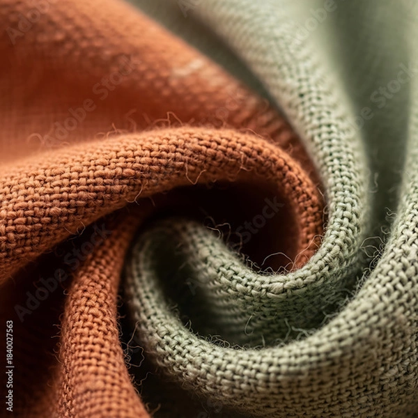 Fototapeta Close-up Texture of Woven Linen Fabric in Terra Cotta Orange and Sage Green