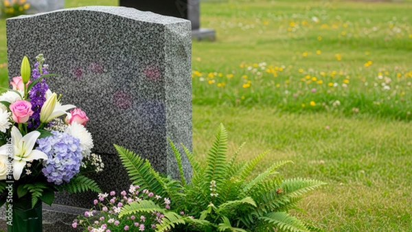 Fototapeta A granite headstone with a fern and a bouquet of flowers at a cemetery. Funeral and wake concept.