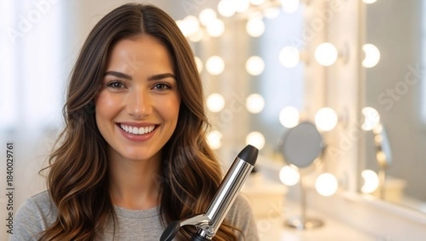 Fototapeta A portrait of a happy brunette with wavy hair holding a curling iron in front of a backlit mirror. Beauty and morning routine concept.