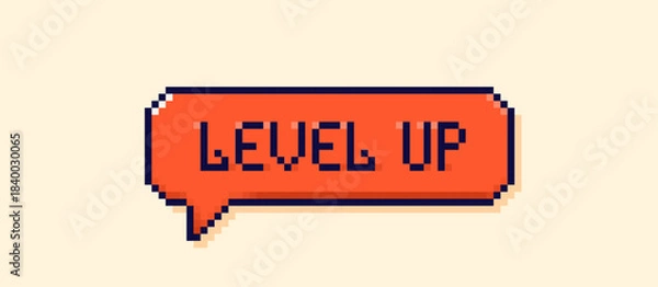 Fototapeta Pixel art user interface cloud. Red Level Up speech bubble.